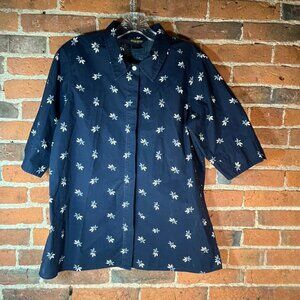 Woolrich Womens L Button Down Shirt Navy White Floral Cotton Stretch Short Sleev